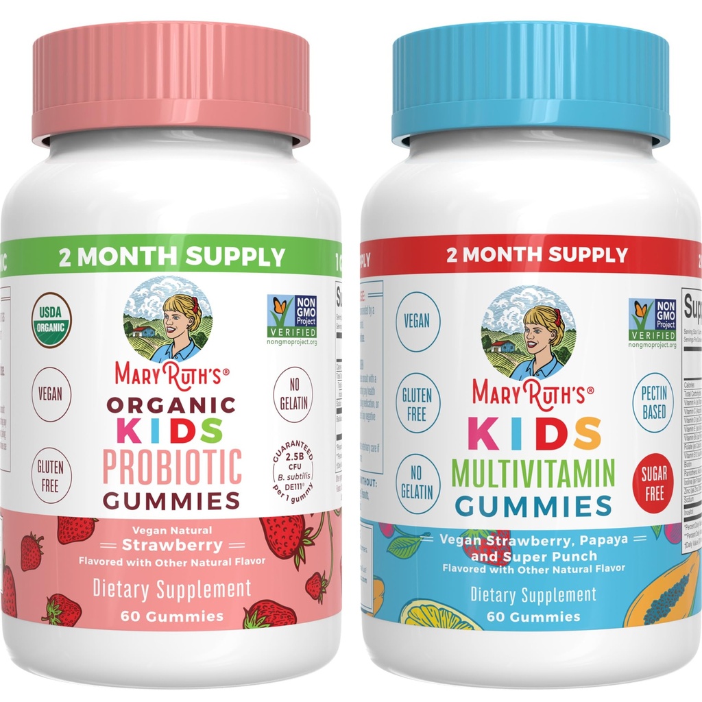 MaryRuth Organics Multivitamin och Probiotic Gummies (Strawberry) för barn | Clean Label Project Verified | Vitaminer för Gut Health, Immunity, & Overall Wellness | Vegan, icke-GMO, Gluten Free