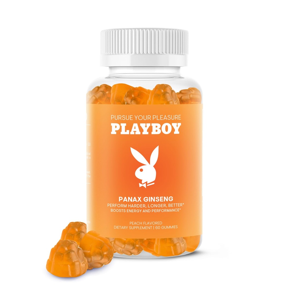 Playboy - Ginseng Gummies (60 greve - Peach smaksatt) - Utför hårdare, längre, bättre - Panax Ginseng Supplement Gummy för män och kvinnor - 100% naturlig, Vegan Non GMO Ginseng Root 6:1 Extrakt