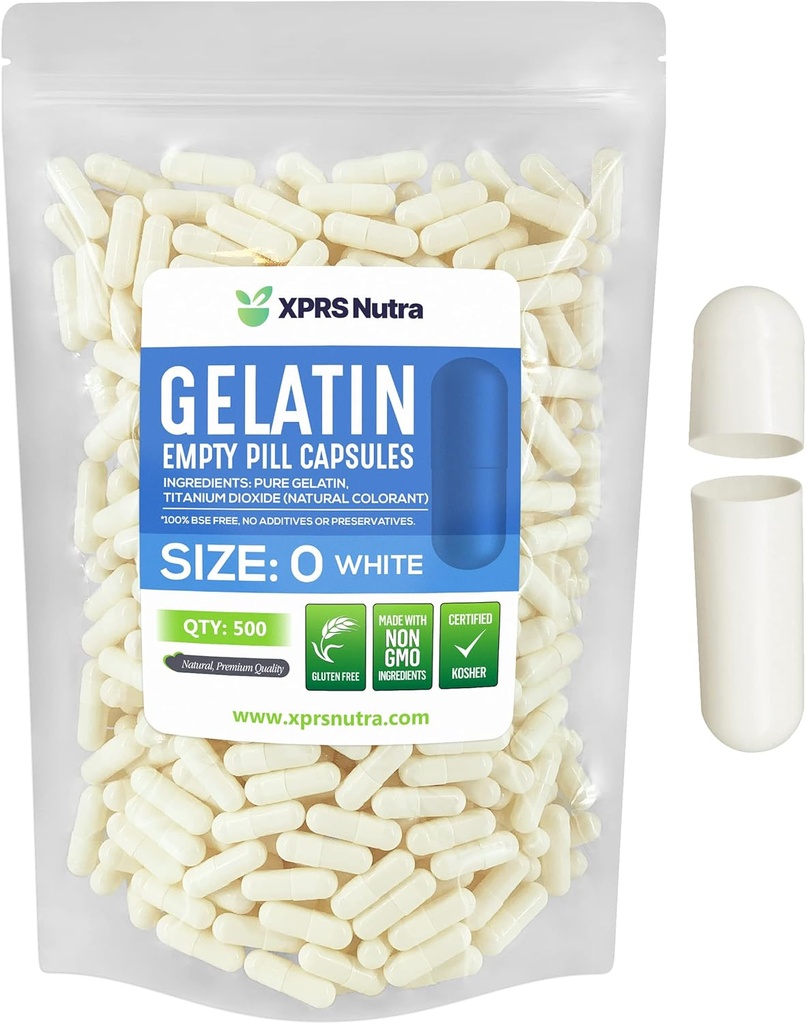 XPRS Nutra Size 0 Empty Capsules - 500 greve Empty Gelatin Capsules - Pills DIY Capsule Filling - Pure Bovine Pill Gel Caps for Do-It-Yourself Supplements (White)