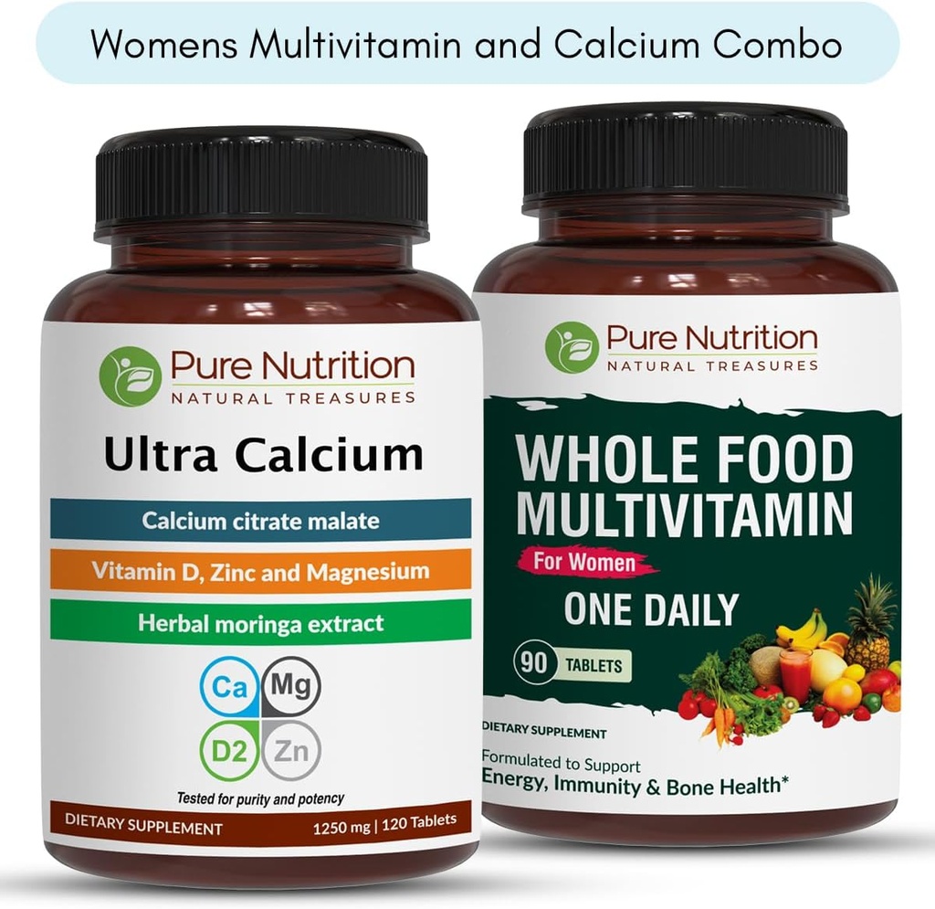 Pure Nutrition Ultra Calcium 1000mg och Whole Foods Womens Multivitamins 1500mg för hälsosamma ben, gemensamma och övergripande Wellness. Ultra Calcium 120 flikar + Womens Multivitaminer 90 flikar.
