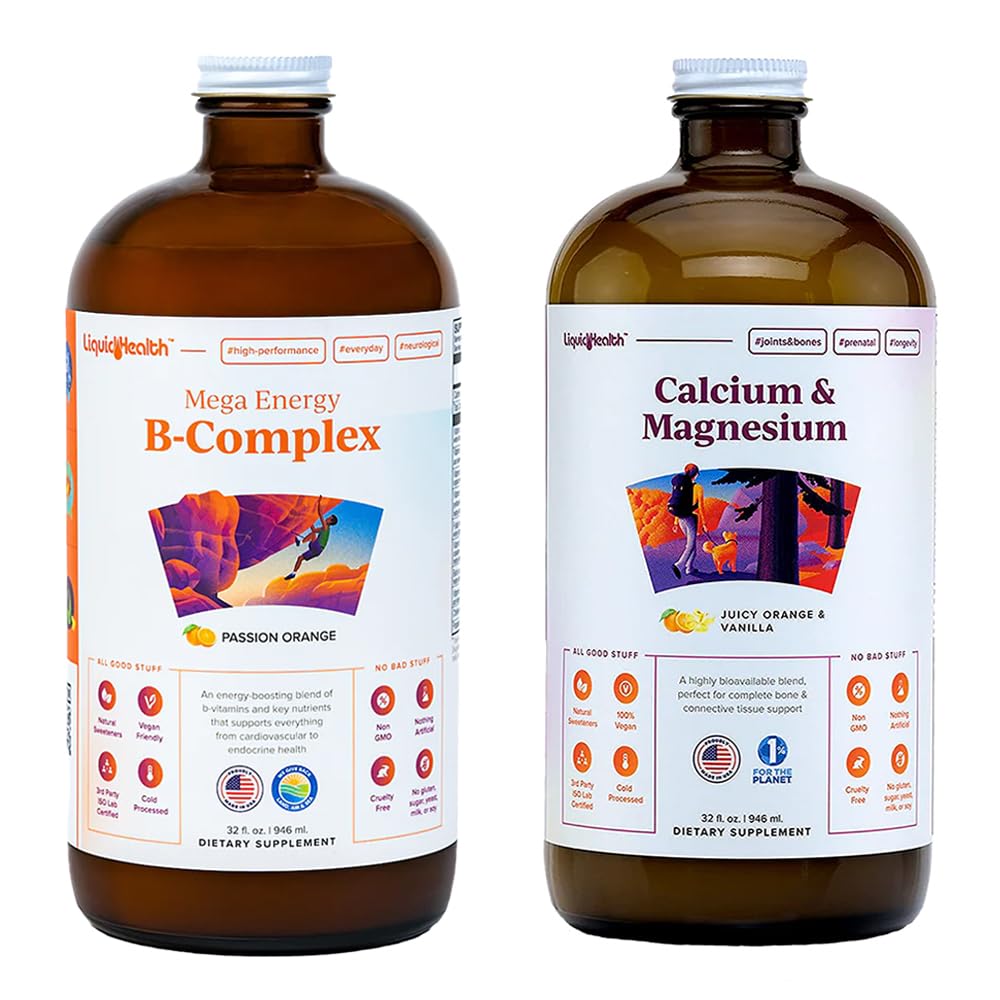 LIQUIDHEALTH Mega Energy B-Complex & Calcium och Magnesium Liquid Vitamin Bundle för vuxna - Öka naturlig energinivå, Stöd Bone & Joint Health, Boost Immune System - Vegan, icke-GMO, USA Made