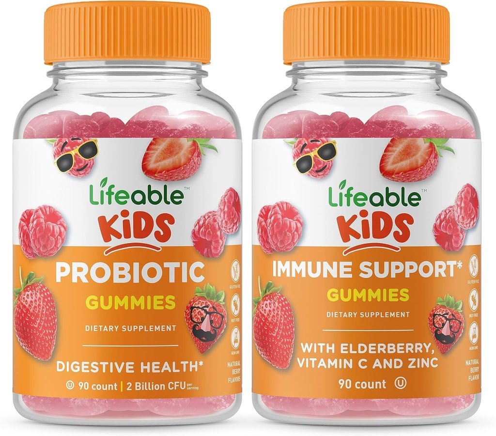 Livliga Probiotiska 2 miljarder CFU Barn + Immune Support Kids, Gummies Bundle - Great Tasting, Vitamin Supplement, Gluten Free, GMO Free, Chewable Gummy