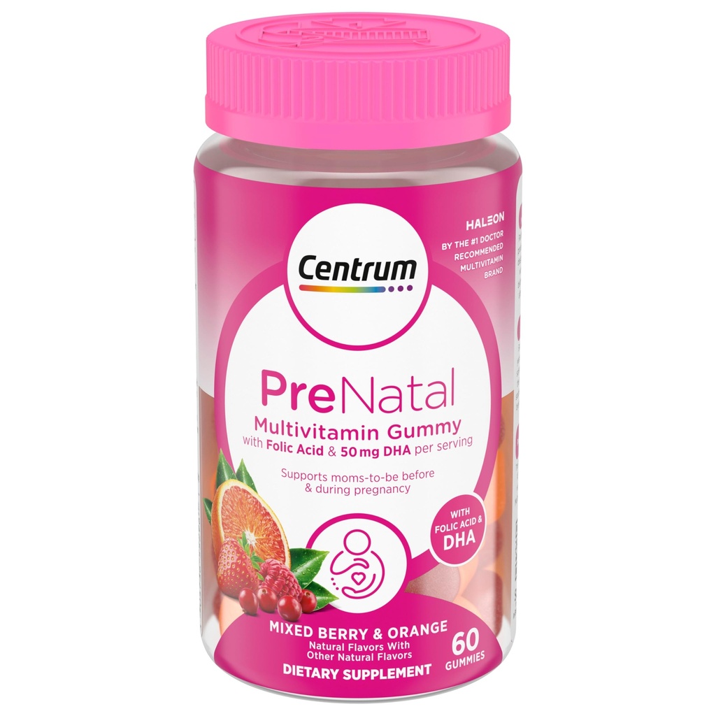 Centrum Prenatal Multivitamin Gummies med DHA och Folic Acid, Mixed Berry och Orange Flavors - 60 Count, 30 Day Supply