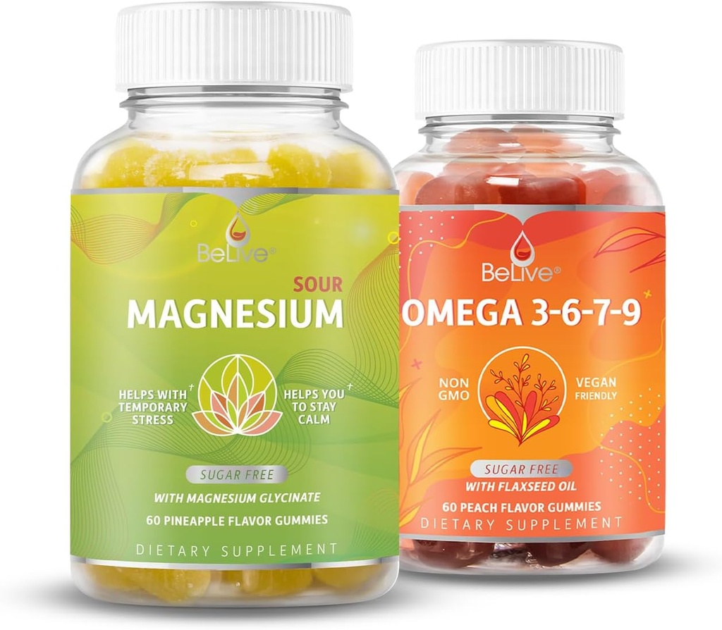 BeLive Magnesium GLycinate & Omega 3-6-7-9 Bundle för avkoppling, sömn, hjärna, hjärt- och immunsystemsupport