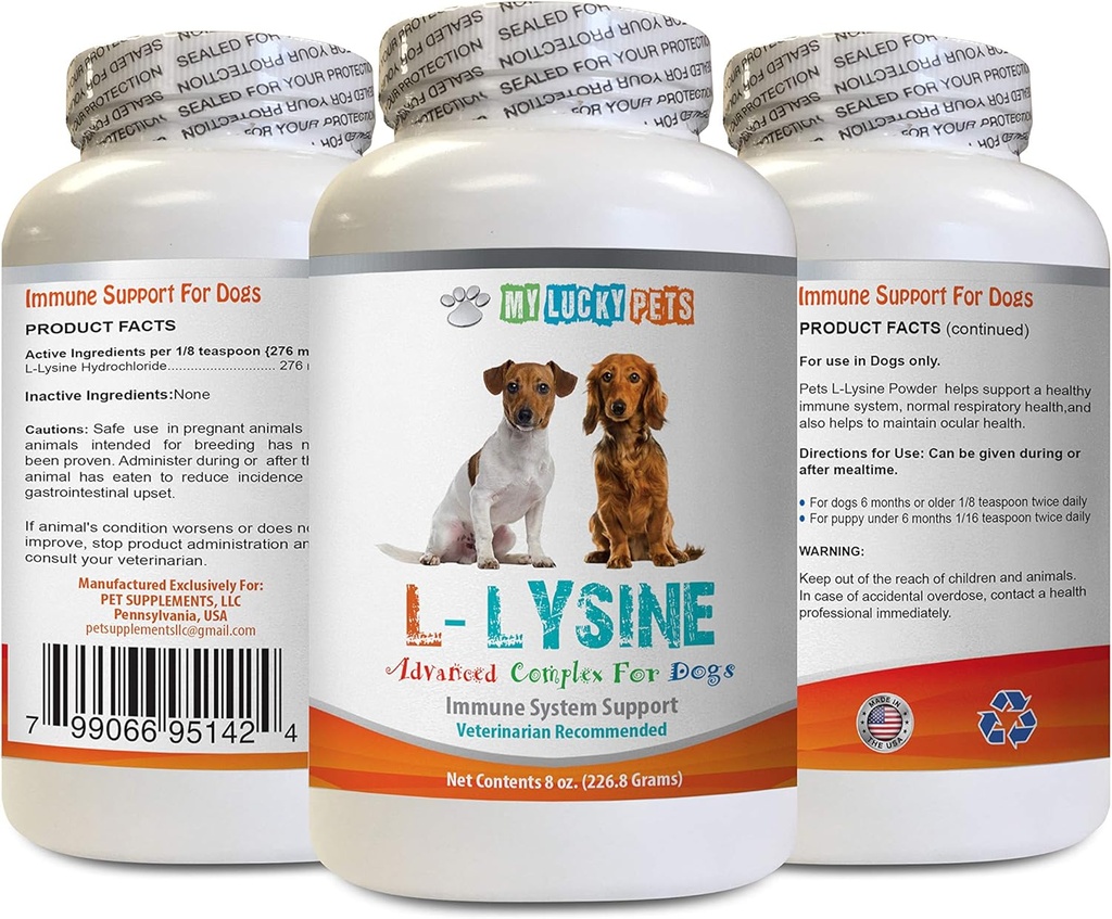 Immune System Dog Food - Dog LYSINE Powder - Pure Powder Form - Immune System Support - Vet Rekommenderad - Lysin Dubbel Styrka - 1 flaska (8oz 226,8 gram)