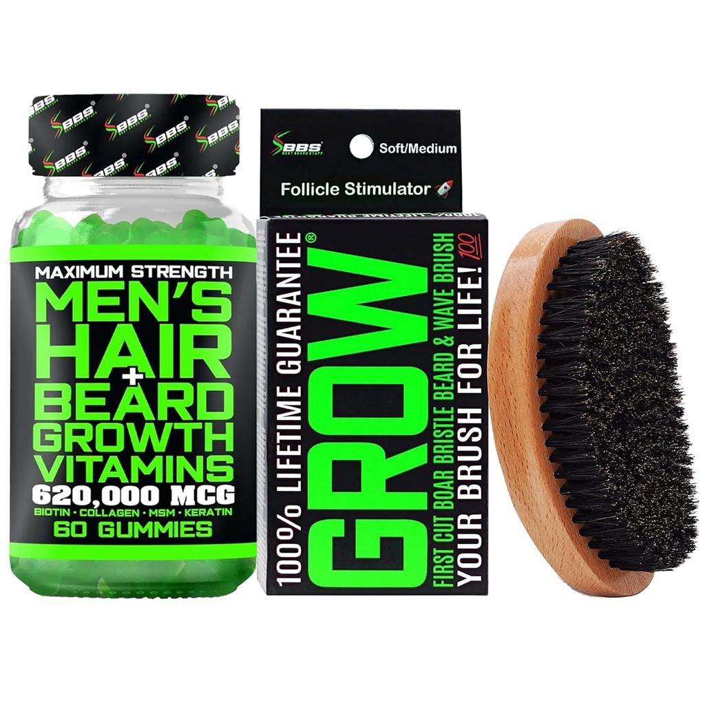 Beard Growth Kit w/620,000mcg 14-i-1 BIOTIN Gummies/Beard Growth Vitamins & Hair Growth Vitamins för Män + 100% livstidsersättning Första Cut Boar Bristle Brush & 360 Wave Brush för Män