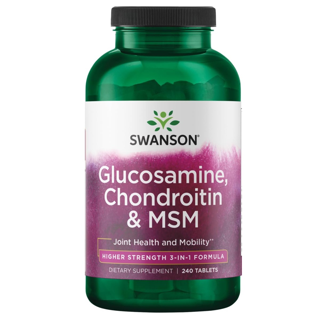 Swanson Glucosamine Chondroitin MSM (metylsulfonylmetan) 3-i-1 Formel Gemensam Mobilitet Flexibilitet Komfort brosk Connective Tissue Health Support Dietary Supplement 240 tabletter (Tabs)