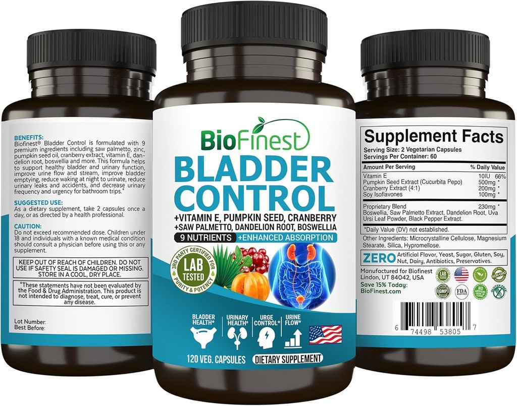BioFinest Bladder Control Supplement för Män & Kvinnor - 120 Veg. Capsules - Saw Palmetto, Cranberry, Pumpkin Seed, Vitamin E, Boswellia, Dandelion Root - Urinary Tract Bladder Health - Made in USA