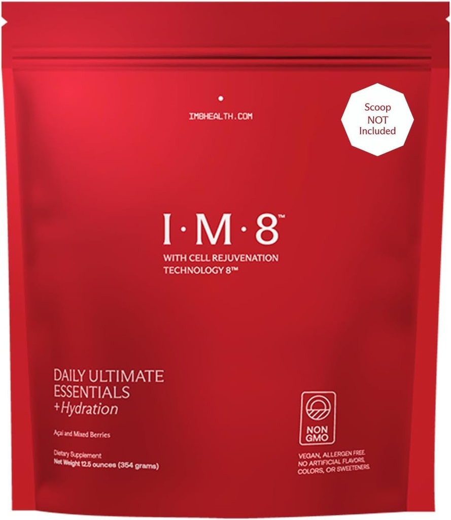 IM8 Daily Ultimate Essentials All-in-1 Multivitamin Supplement, 92 Nutrient Rich Ingredients CoQ10, Probiotika, vitaminer, gröna, GF, Acai Mixed Berry (30 portioner, Refill Pouch)