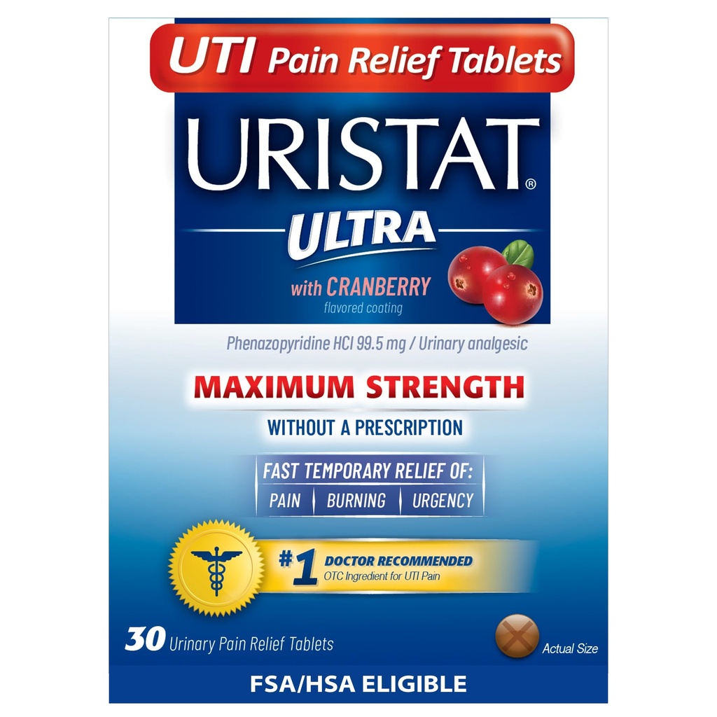 Uristat Ultra Ultra smärtlindring tabletter, snabb urinvägsinfektion lindring av urinsmärta, brinnande, brådskande, maximal styrka, kranbär smaksatt beläggning, 30 tabletter