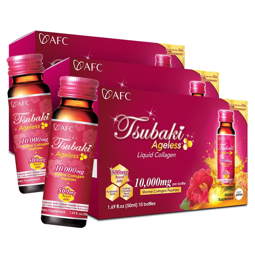 AFC Japan Tsubaki Ageless Beauty Collagen Drink från Japan med 10.000mg Marine Collagen Peptides + 500mg Royal Jelly + Hyaluronic Acid + Vitamin Bs & C för hudrevitalisering 1.69fl.ozx10sx3