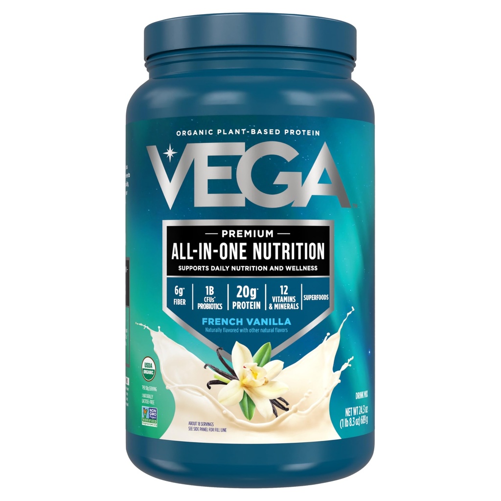 Vega Organic All-in-One Vegan Protein Powder, French Vanilla - Superfood Ingredients, Vitaminer för immunitetssupport, Keto Friendly, Pea Protein för kvinnor och män, 1,5 lbs (Pack of 1)