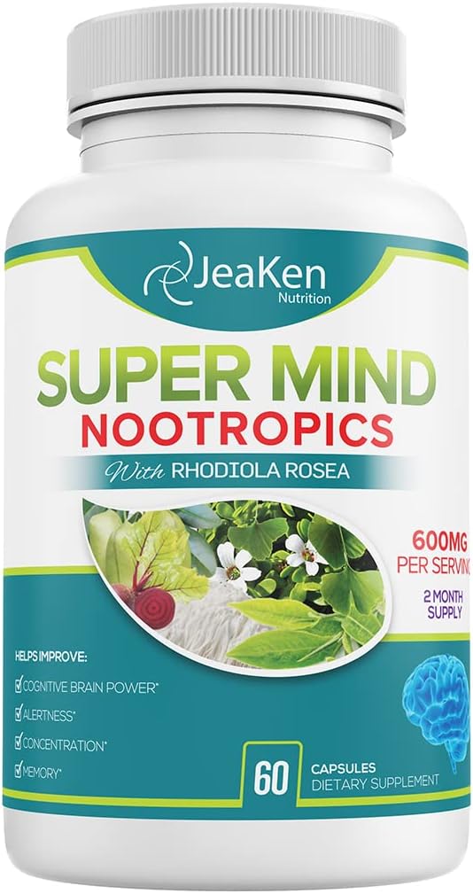 Super Mind - Nootropics Cognitive Enhancer - Brain Boost Supplement med naturliga ingredienser - Bacopa Monnieri - Rhodiola Rosea - Ginkgo Biloba - Vitamin B12-60 Vegan kapslar tillverkade i USA