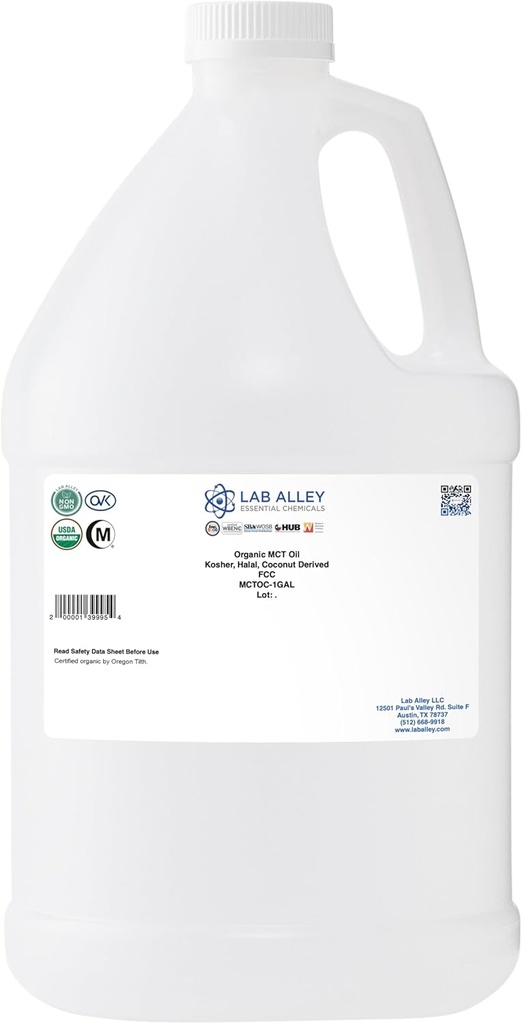 Lab Alley MCT Olja, USDA Organic Coconut, Kosher Certified, Halal, Non-GMO - 1 Gallon