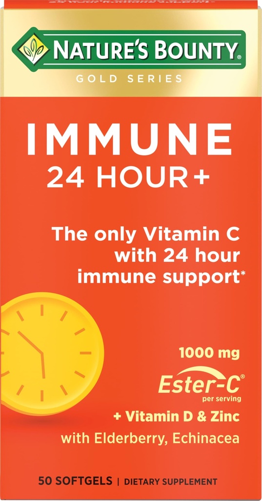 Naturens Bounty Immune 24 Hour +, Den enda vitamin C med 24 timmars immunstöd från Ester-C, 1000 mg Vitamin C, D & Zink, Gluten Free, Rapid Release Softgels, 2 Softgels per dag, 50 greve