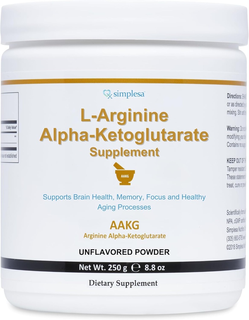 Simplesa AAKG Arginine Powder, L-Arginine Alpha-Ketoglutarate Supplement, 2000mg Per Servering, stöder hjärnhälsa, minne, fokus och hälsosam åldrande processer, 250g Pulver Supplement