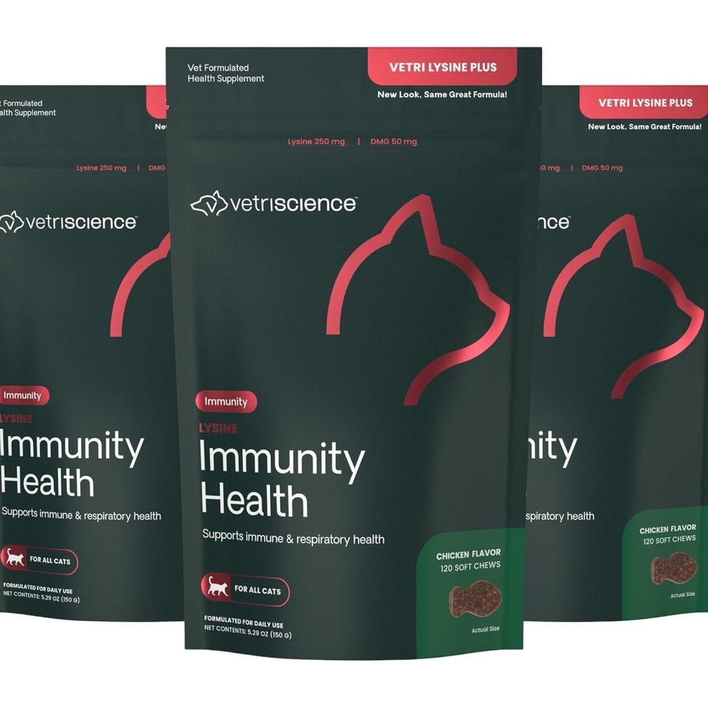 VetriScience Lysine Immunity Health Chews, 250 mg Lysine Plus Immune Supplement for Cats and Kittens with Allergies, Sneezing, Runny Nose and Watery Eyes, Chicken, 3 Pack