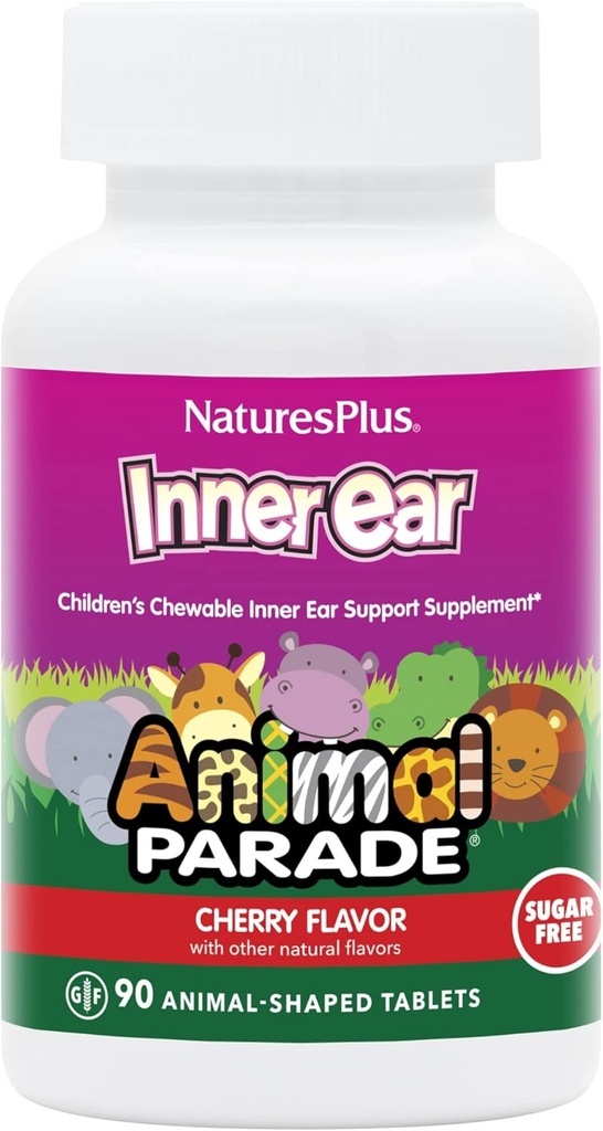 Natures Plus Animal Parade Inre Öron Stöd Barnens Tuggbara - Naturlig körsbärsmak - 90 Djurformade tabletter - Probiotisk Supplement - Glutenfri - 45 portioner