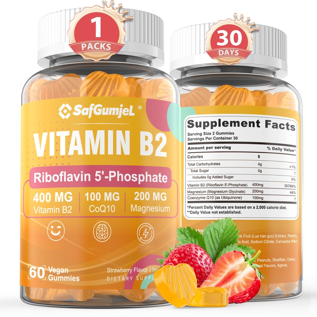 Vitamin B2 Gummies | Riboflavin 400mg med Magnesium & CoQ10 för Migraine Relief & Headache Relief | Sugar Free, Vegan, Strawberry Flavor, 60 Count