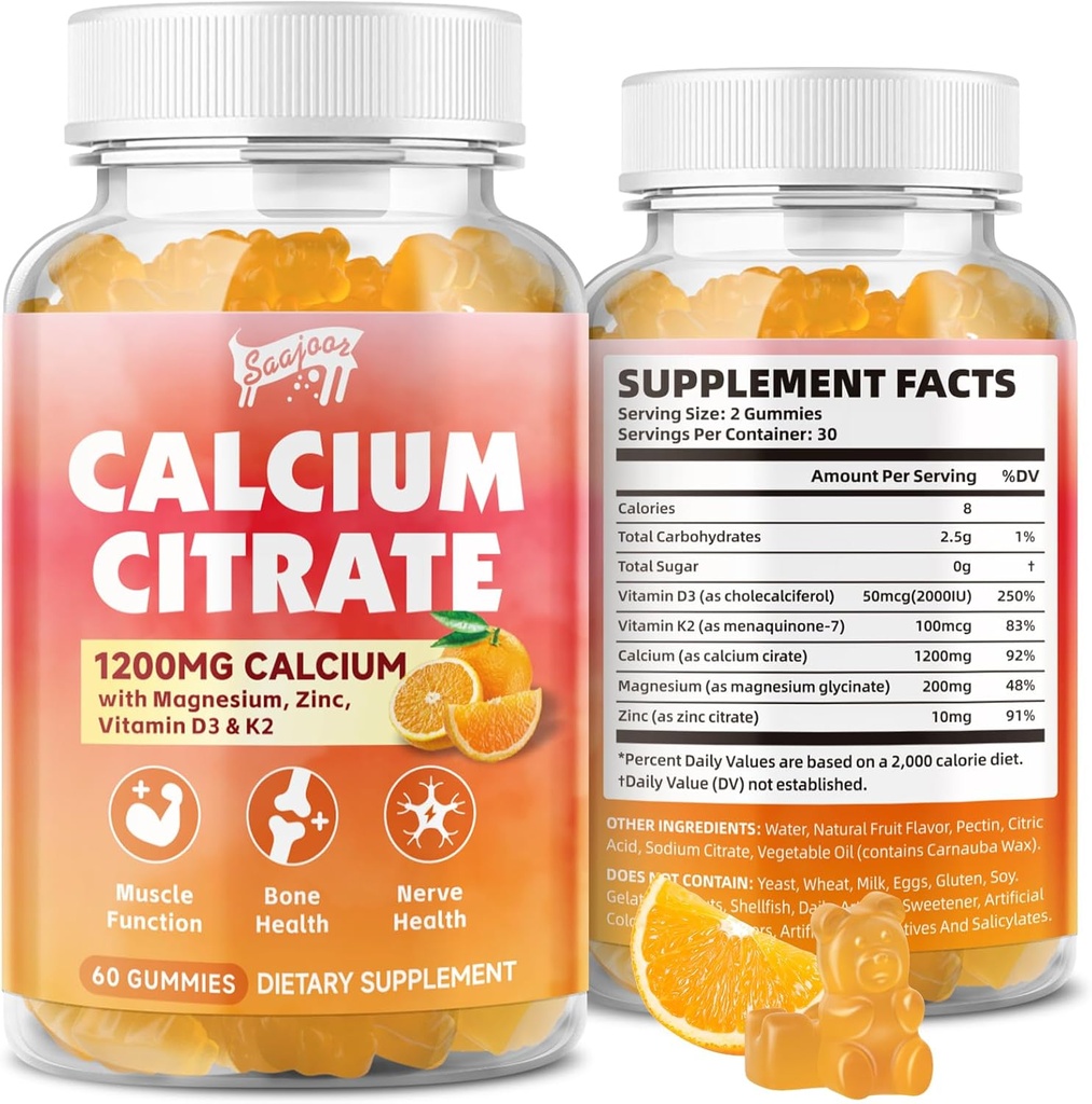 Calcium Citrate Gummies 1200 mg med vitamin D3, K2, Magnesium, Zink, benstöd för ben, muskler och gemensamma, immunitet och minnesstöd, 60 greve