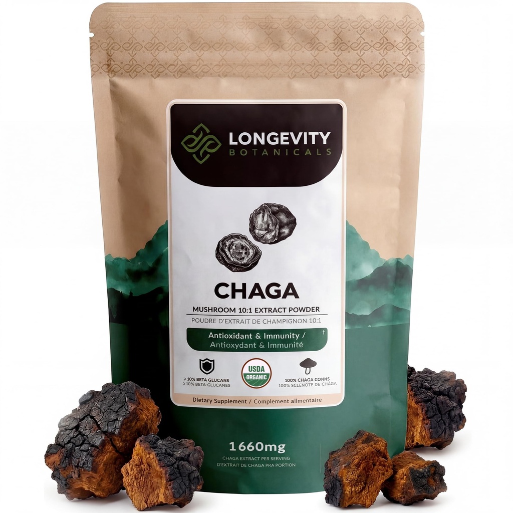Longevity Botanicals Organic Chaga Mushroom Extract Powder 100g | Koncentrerad 10:1 Ratio | 100% Fruiting Bodies | Inonotus Obliquus Natural Supplement för immun Funktion, Antioxidanter & Vitalitet