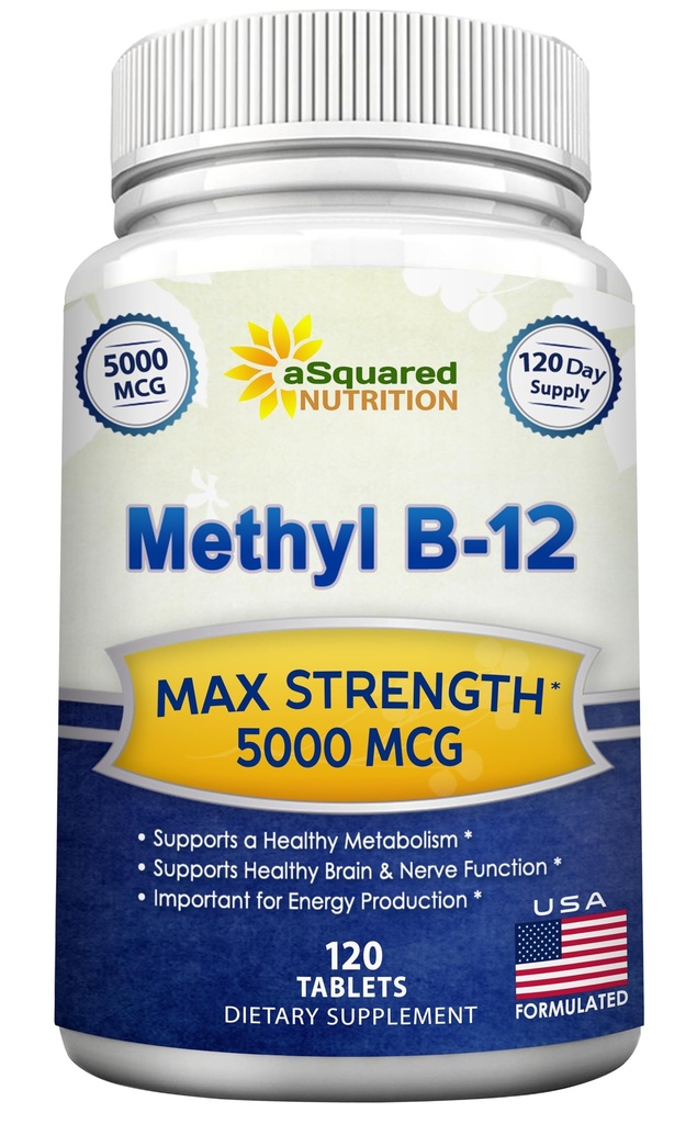 aSquared Nutrition Vitamin B12-5000 MCG Tillägg med Methylcobalamin (Methyl B-12) - Max Strength Vitamin B 12 Stöd för att hjälpa till att öka naturlig energi, Benefit Brain & Heart Function - 120 tabletter