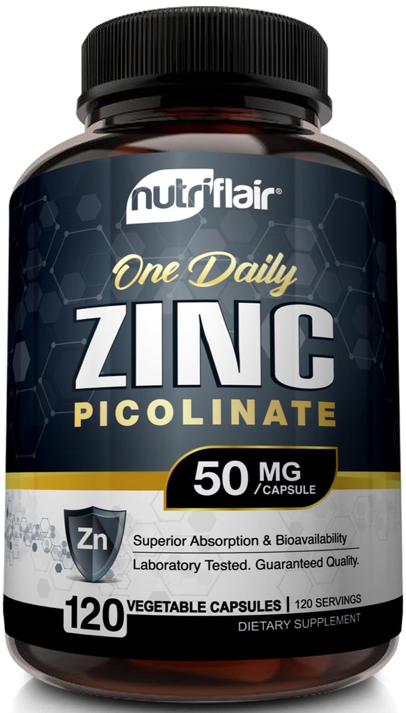 NutriFlair Zink Picolinate 50mg, 120 kapslar - Maximal Absorption Zink Supplement Pills - Immunsystem Booster, Immunity Defense, Kraftfull Non-GMO Antioxidant - Jämför med glukonat, Citrat, Oxid
