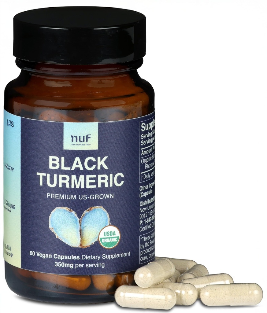 NUF- Organic Black Turmeric 350mg Hel Root Vegan Capsules-US Grown-Gluten Free - Non GMO- Joint Support - Hälsosamt inflammatoriskt svar - Korrekt immunfunktion
