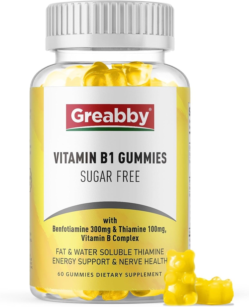 Vitamin B1 Gummies - Benfotiamine 300mg & Thiamine 100mg, Sugar Free, Vitamin B Complex Chewable Supplement, Energy Boost & Nervous System Health för kvinnor Män, 60 Gummies