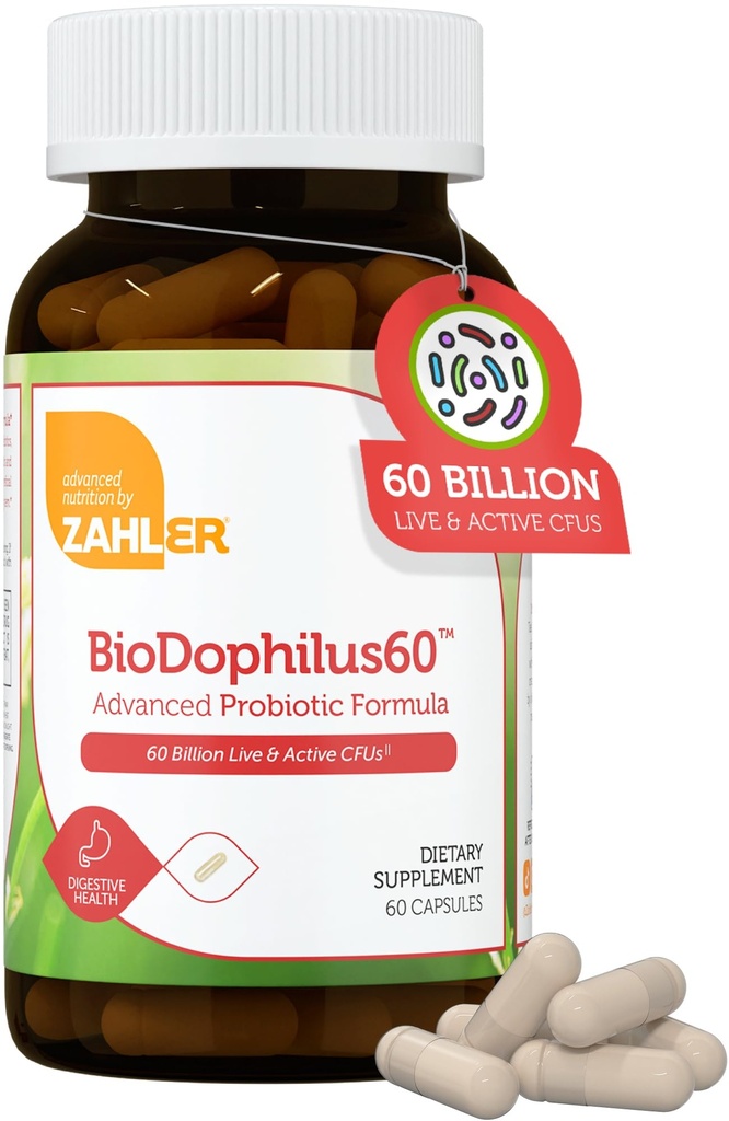 Zahler BioDophilus60, 60 miljarder CFU Probiotic + Prebiotic - 11 Strains Daily Probiotic Supplement - Kosher Probiotics for Women for Digestive Health, Probiotics for Men for Gut Health (60 kapslar)
