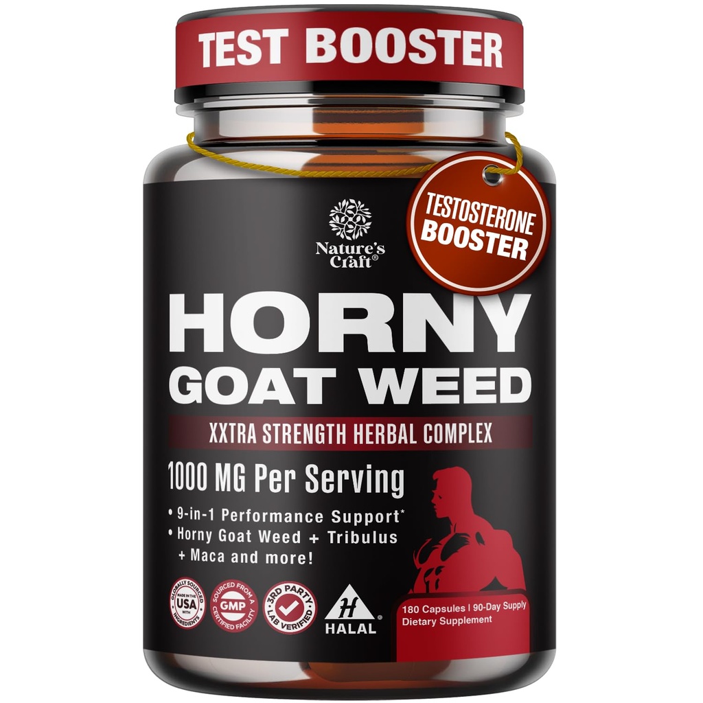 Horny Goat Weed för män - Extra styrka Male Supplement med Black Maca Root, Tongkat Ali, Saw Palmetto & Panax Ginseng Extract för Stamina & Energy - 180 kapslar
