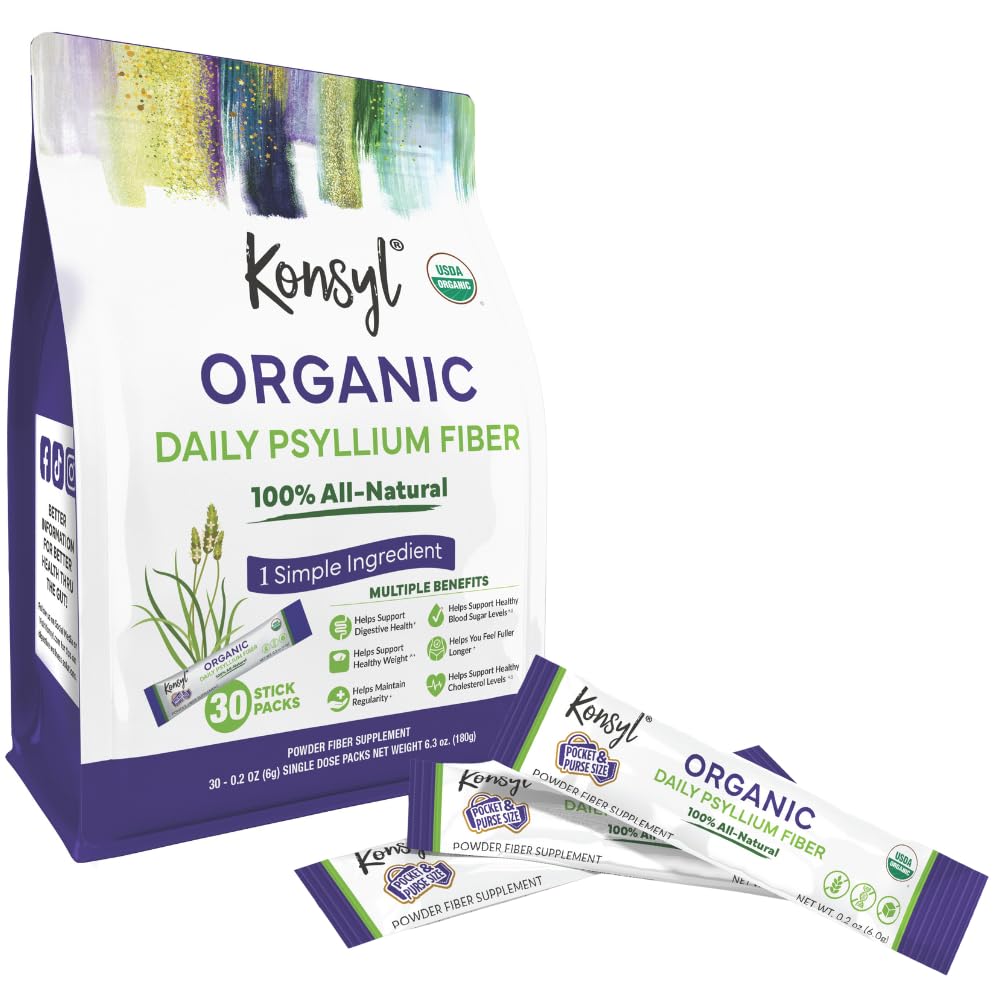 Konsyl Organic Daily Psyllium Fiber Stick Packs - On-The-Go Fiber Supplement Powder - Bekväm, All-Natural Soluble Fiber, Gluten-Free & Sugar-Free, Vegan & Keto - 30 Packets