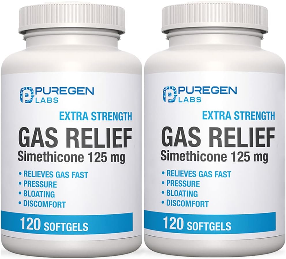 P Puregen Labs Extra Strength Gas Relief Softgels with Simethicone 125 mg | Fast Relieve of Pressure, Bloating and Painful Discomfort – 2 Pack | Total 240 Softgels