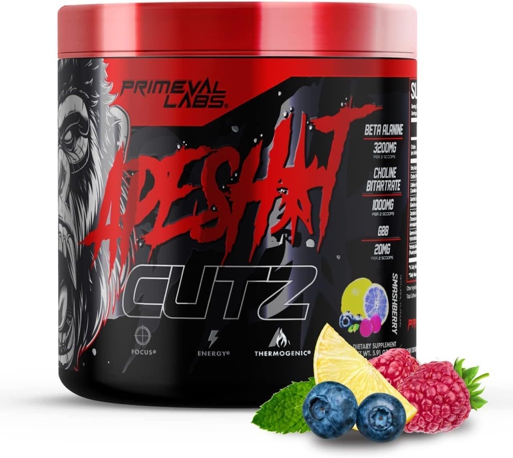 Primeval Labs Ape Cutz Pre Workout Powder | Vetenskapligt formulerad | Ökad prestanda med Beta Alanine | Post Workout Drink & Energy Booster 50 Servings Smashberry