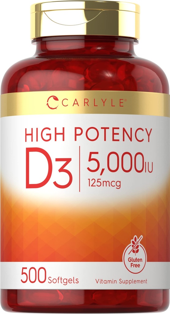 Carlyle Vitamin D3 5000 IE Softgels | 500 greve | Value Size | Non-GMO och Gluten Free Supplement | High Potency Formel | 125mcg