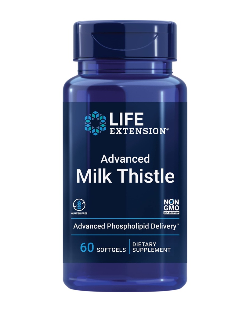 Life Extension Advanced Milk Thistle, silymarin, silybin, fosfolipider, främjar hälsosam leverfunktion, glutenfri, icke-GMO, 60 mjukgels