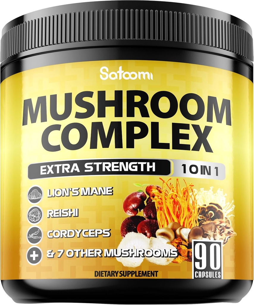 Satoomi 10in1 Mushroom Supplement Complex - Lions Mane, Cordyceps, Reishi, Chaga och 6 More - Brain Supplements for Memory & Focus - 90 Count - 3 månaders leverans