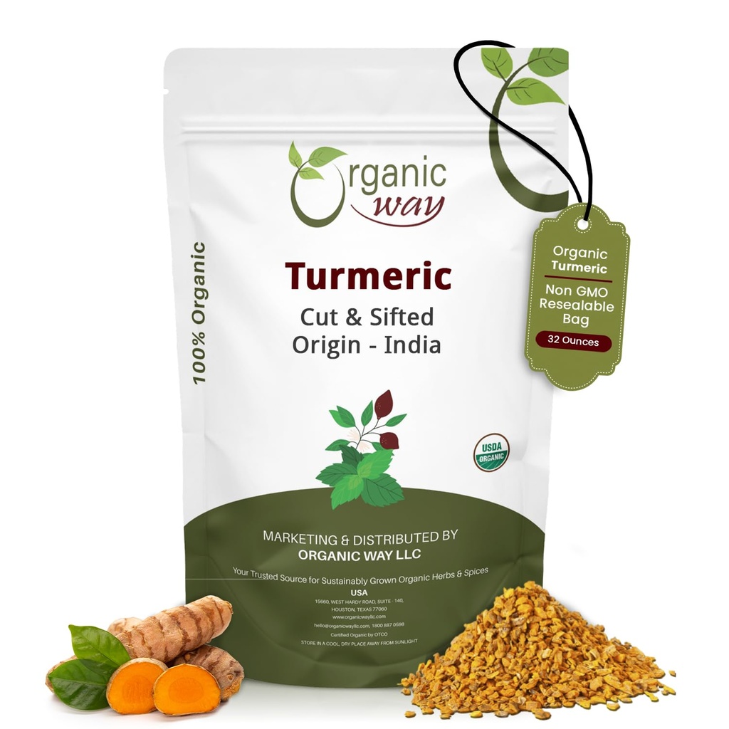 Organic Way Turmeric/Haldi Root Cut & Sifted (Curcuma Longa) - Herbal Tea | Kosher & USDA Certified | Vegan, Non-GMO & Gluten Free | 100% Raw från Indien (2LBS / 32Oz.)