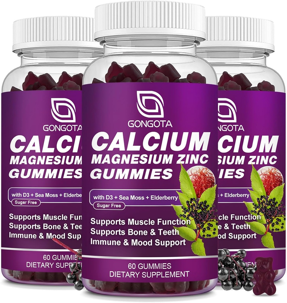 GONGOTA Calcium Magnesium Zink med vitamin D3 Supplement, mycket Absorbent Calcium Gummies med 300mg Magnesium glycinate Support Bone & Teeth, Muscle for Adults and Teens, Sugar Free, Vegan (3 Pack)