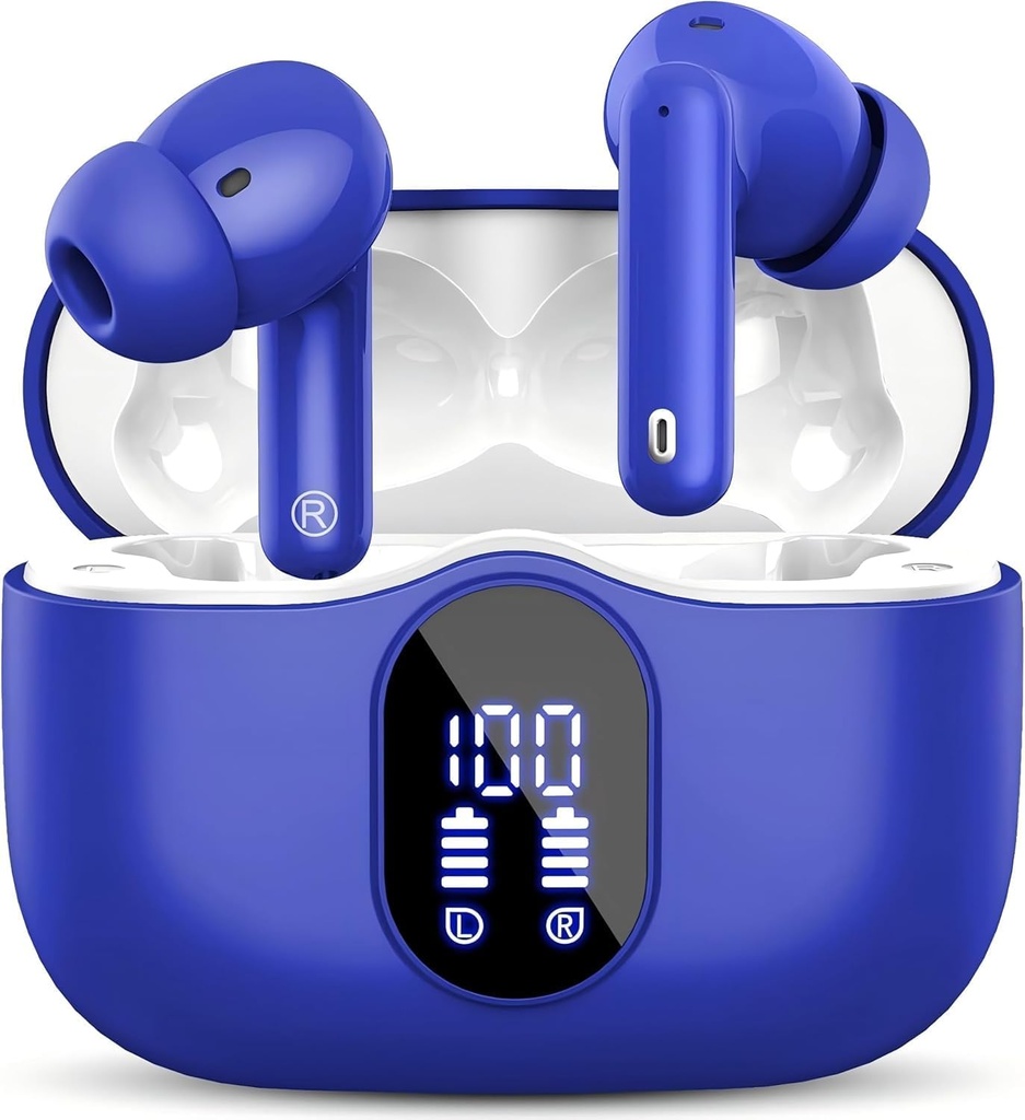 Trådlösa öronproppar Bluetooth 5.3 Hörlurar Baserar Stereo Ear Buds med bulleravbrytande Mic LED-display i hörlurar IP7 Vattentät 36H Playtime för Laptop Pad Phones Sports Workout Blue