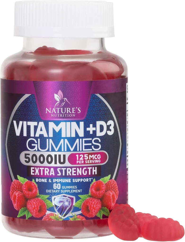 Vitamin D3 Supplement Gummy 5000 IE (125 mcg) Dietary Vitamins D för män och kvinnor - Ben, tänder, muskel- och immunhälsostöd, hög styrka VIT D3 Naturens icke-GMO & Gluten Free - 60 Gummies