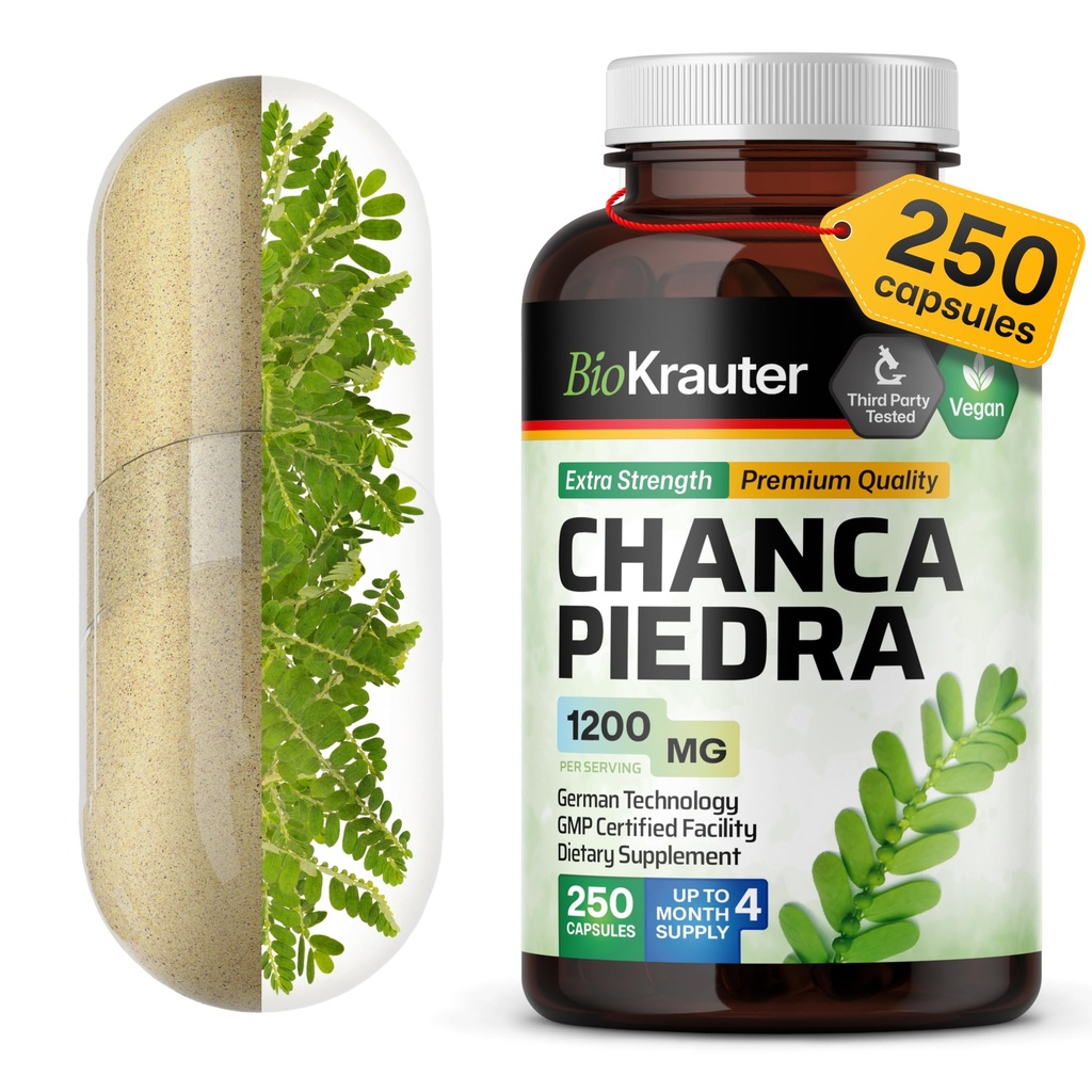 BIO KRAUTER Chanca Piedra Stone Breaker Capsules - 1200 mg Stonebreaker för Kidney Cleanse - 250 Chanca Piedra para Los Riñones Caps - Vegan Gallbladder Supplements