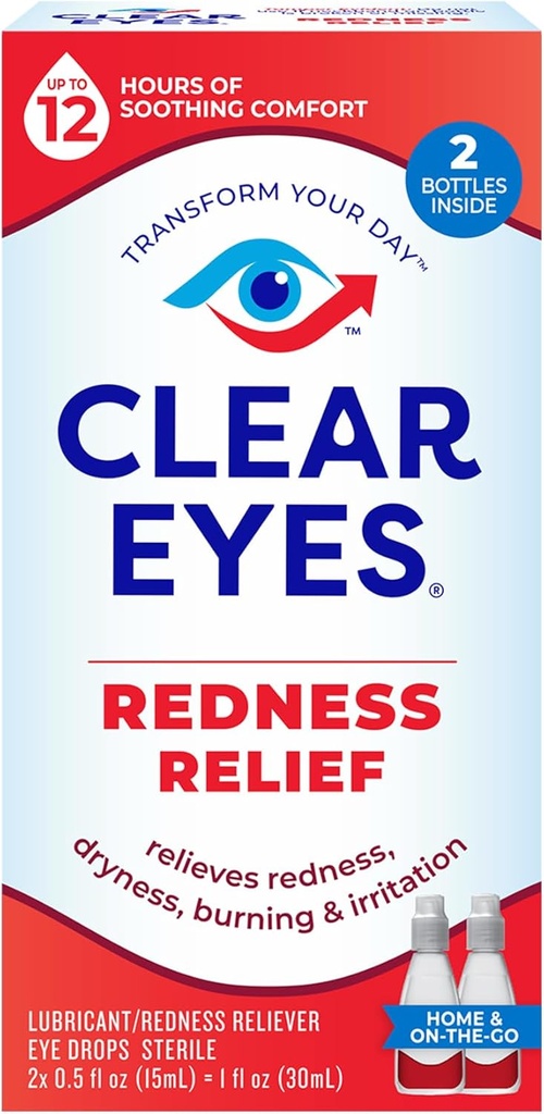 Clear Eyes Redness Relief Eye Drops, Whiten Eyes och Relieve Dryness, Burning och Irritation, 2 x 0,5 Fl Oz, Twin Pack
