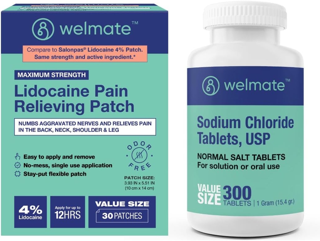 WELMATE Recovery Bundle: Natriumklorid tabletter, 300ct + 4% Lidocaine Numbing Patch 30 ct