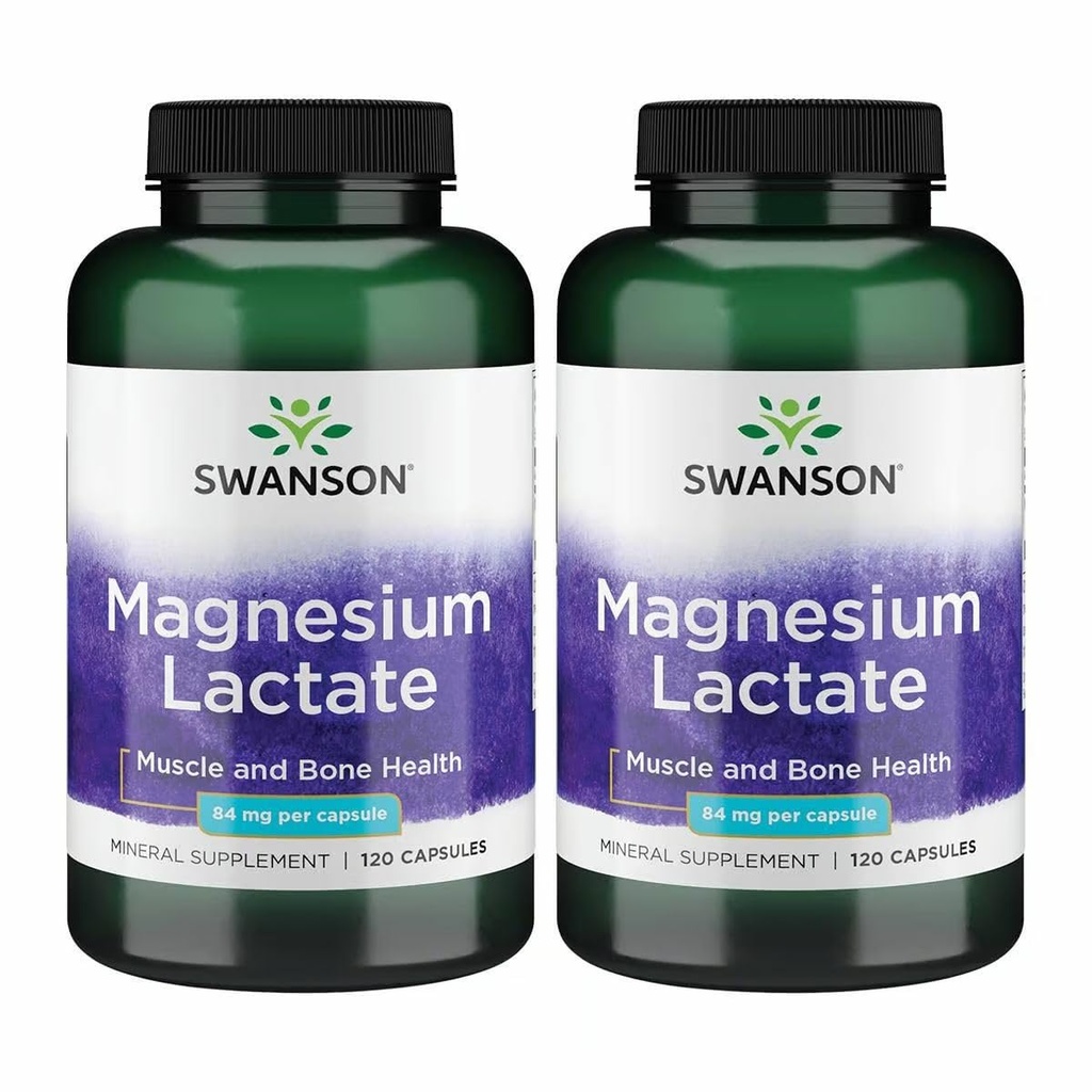 Swanson Magnesium Laktat - Mineral Supplement främjar muskel- och benhälsostöd - Laktosfri Laktat Mineral Form för Gentle Absorption - (120 kapslar, 84mg Varje) 2 Pack
