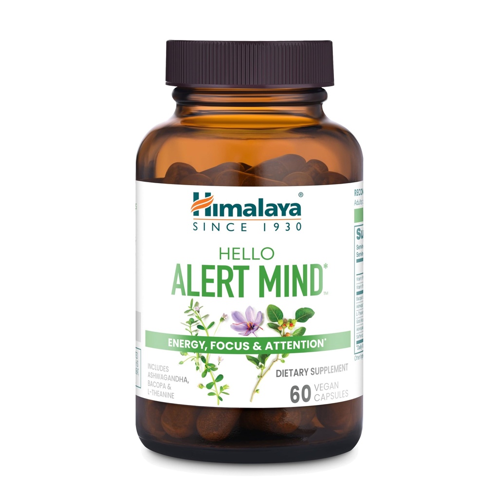 Himalaya Hello Alert Mind med L-Theanine, Ashwagandha, Bacopa, Vitamin B6 & B12, för energi, fokus och uppmärksamhet, Vegan, Gluten Free, 60 kapslar