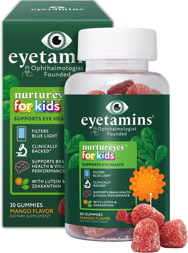 Eyetamins Nurtureyes Eye Health Gummy för barn - 30 Easy-to-Chew, Mango Gummies - Ophthalmolog-skapade barn Eye Vitaminer - Naturlig, Vegan och icke-GMO Formel
