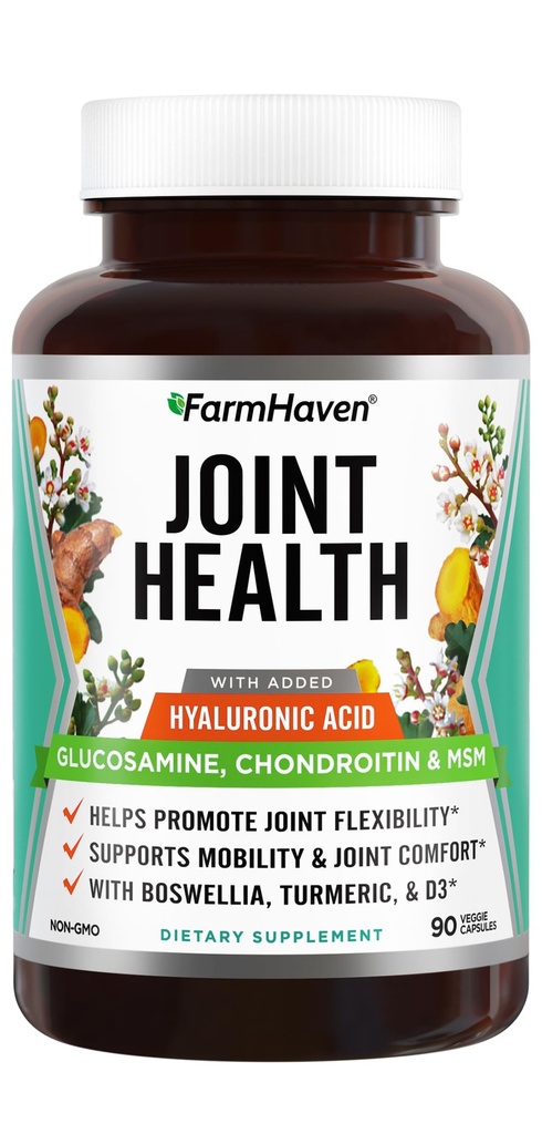FarmHaven Glucosamine Chondroitin MSM med Boswellia, gurkmeja | Added Hyaluronic Acid & Vitamin D3 | Främjar Joint & Muscle Health & Inflammation Response | Non-GMO & Gluten Free | 90 kapslar