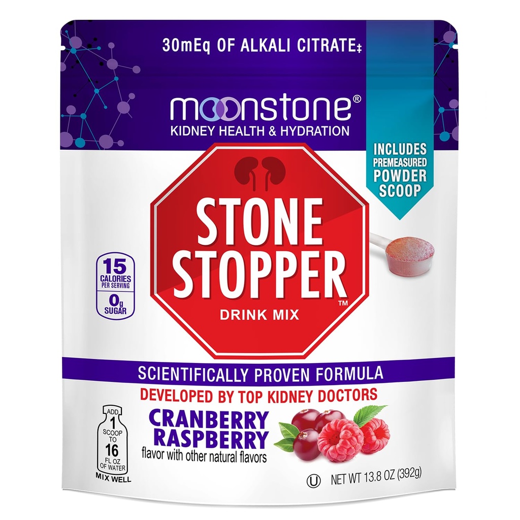 Moonstone Stone Stopper Drink Mix, Cranberry Raspberry, Kidney Stone Prevention, Calcium Oxalate Protector, Utvecklad av Urologists för att förbättra Hydration och Support Kidney Health, 30 Day Supply