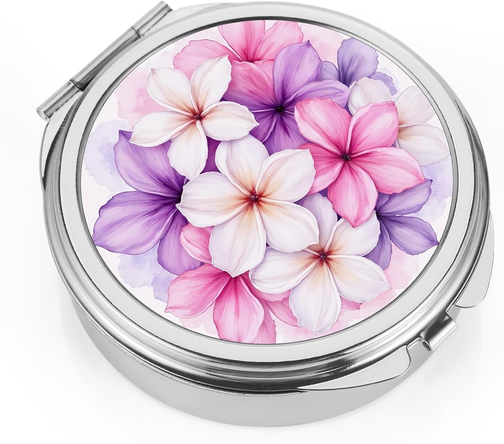 Dynippy Pill Case Pill Box med Mirror Pocket 3 Compartment Medicine Case Vitamin Pill Organizer för Pocket Purse and Travel (Round, Silver-BloomBurst)